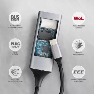 AXAGON ADE-TXPD, USB-C 3.2 Gen 1 - Gigabit Ethernet hálózati kártya, Asix AX88179, PD 100W, automatikus telepítés