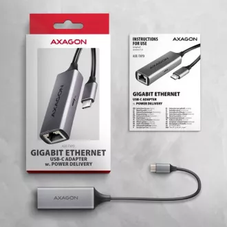 AXAGON ADE-TXPD, USB-C 3.2 Gen 1 - Gigabit Ethernet hálózati kártya, Asix AX88179, PD 100W, automatikus telepítés