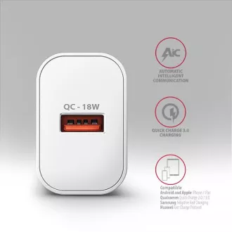 AXAGON ACU-QC18W, 18W-os hálózati töltő, 1x USB-A port, QC3.0/AFC/Apple, fehér színű