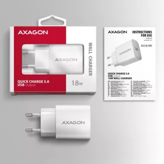 AXAGON ACU-QC18W, 18W-os hálózati töltő, 1x USB-A port, QC3.0/AFC/Apple, fehér színű