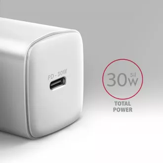 AXAGON ACU-PD30W, Teljesítménytöltő 30W, 1x USB-C port, PD3.0/PPS/QC4 /SFC/AFC/Apple, fehér színű