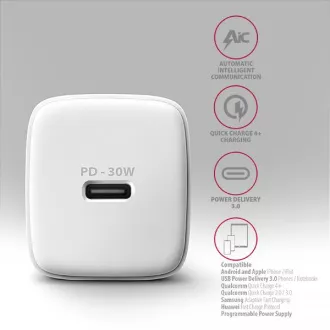 AXAGON ACU-PD30W, Teljesítménytöltő 30W, 1x USB-C port, PD3.0/PPS/QC4 /SFC/AFC/Apple, fehér színű