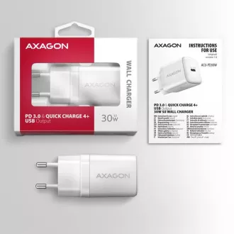 AXAGON ACU-PD30W, Teljesítménytöltő 30W, 1x USB-C port, PD3.0/PPS/QC4 /SFC/AFC/Apple, fehér színű