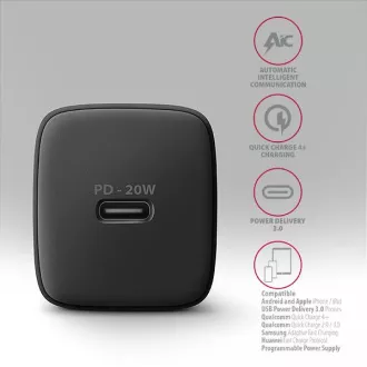 AXAGON ACU-PD20, 20W-os hálózati töltő, 1x USB-C port, PD3.0/PPS/QC4 /AFC/Apple, fekete színben