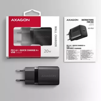 AXAGON ACU-PD20, 20W-os hálózati töltő, 1x USB-C port, PD3.0/PPS/QC4 /AFC/Apple, fekete színben