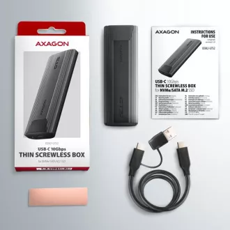 AXAGON EEM2-GTS2, USB-C 10Gbps - M.2 NVMe & SATA SSD fém THIN doboz, csavarozásmentes