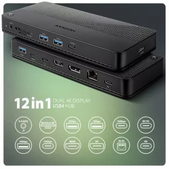 AXAGON HMC-U4, USB4 40Gbps dokkoló, 3x USB-A, 2x USB-C, HDMI & DP 8K/30Hz, RJ-45, SD/mSD, audio, PD 100W, USB-C kábel 80cm AXAGON HMC-U4, USB4 40Gbps dokkoló, 3x USB-A, 2x USB-C, HDMI & DP 8K/30Hz, RJ-45, SD/mSD, audio, PD 100W, USB-C kábel 80cm