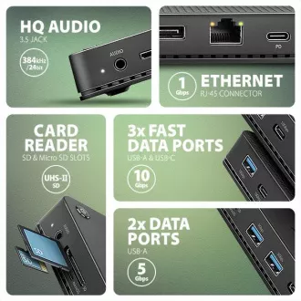 AXAGON HMC-U4, USB4 40Gbps dokkoló, 3x USB-A, 2x USB-C, HDMI & DP 8K/30Hz, RJ-45, SD/mSD, audio, PD 100W, USB-C kábel 80cm AXAGON HMC-U4, USB4 40Gbps dokkoló, 3x USB-A, 2x USB-C, HDMI & DP 8K/30Hz, RJ-45, SD/mSD, audio, PD 100W, USB-C kábel 80cm