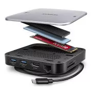 AXAGON HMC-UFO, USB 10Gbps hub, 2x USB-A, USB-C, HDMI 4k/60, RJ-45, M.2 slot, SD/mSD, audio, PD 100W, USB-C kábel 65cm