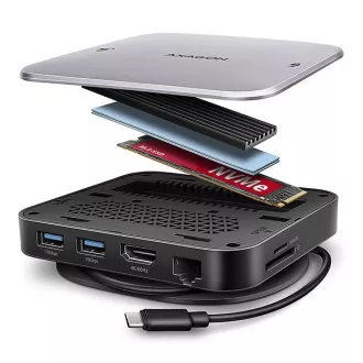 AXAGON HMC-UFO, USB 10Gbps hub, 2x USB-A, USB-C, HDMI 4k/60, RJ-45, M.2 slot, SD/mSD, audio, PD 100W, USB-C kábel 65cm