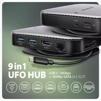 AXAGON HMC-UFO, USB 10Gbps hub, 2x USB-A, USB-C, HDMI 4k/60, RJ-45, M.2 slot, SD/mSD, audio, PD 100W, USB-C kábel 65cm