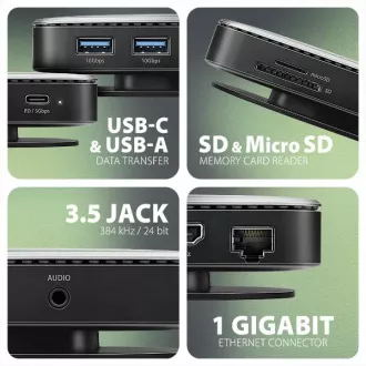 AXAGON HMC-UFO, USB 10Gbps hub, 2x USB-A, USB-C, HDMI 4k/60, RJ-45, M.2 slot, SD/mSD, audio, PD 100W, USB-C kábel 65cm