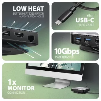 AXAGON HMC-UFO, USB 10Gbps hub, 2x USB-A, USB-C, HDMI 4k/60, RJ-45, M.2 slot, SD/mSD, audio, PD 100W, USB-C kábel 65cm