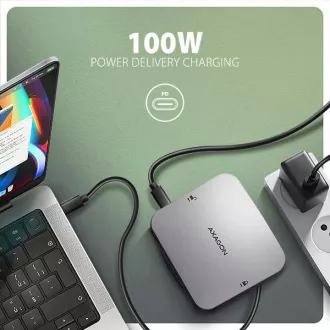 AXAGON HMC-UFO, USB 10Gbps hub, 2x USB-A, USB-C, HDMI 4k/60, RJ-45, M.2 slot, SD/mSD, audio, PD 100W, USB-C kábel 65cm
