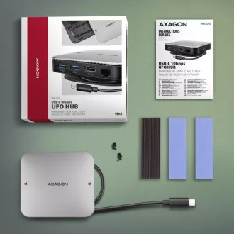 AXAGON HMC-UFO, USB 10Gbps hub, 2x USB-A, USB-C, HDMI 4k/60, RJ-45, M.2 slot, SD/mSD, audio, PD 100W, USB-C kábel 65cm