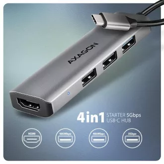 AXAGON HMC-H3A, USB 5Gbps hub, 3x USB-A, HDMI 4k/30Hz, USB-C kábel 15cm