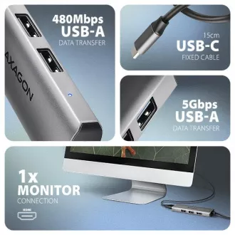 AXAGON HMC-H3A, USB 5Gbps hub, 3x USB-A, HDMI 4k/30Hz, USB-C kábel 15cm