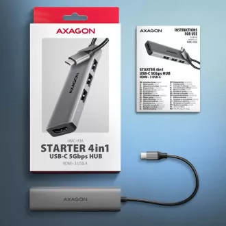 AXAGON HMC-H3A, USB 5Gbps hub, 3x USB-A, HDMI 4k/30Hz, USB-C kábel 15cm