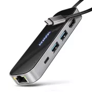 AXAGON HMC-6GLN, USB 5Gbps hub, 2x USB-A, USB-C, HDMI 4k/60Hz, RJ-45 GLAN, PD 100W, USB-C kábel 20cm