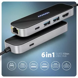 AXAGON HMC-6GLN, USB 5Gbps hub, 2x USB-A, USB-C, HDMI 4k/60Hz, RJ-45 GLAN, PD 100W, USB-C kábel 20cm