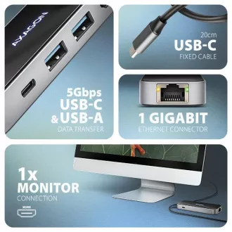 AXAGON HMC-6GLN, USB 5Gbps hub, 2x USB-A, USB-C, HDMI 4k/60Hz, RJ-45 GLAN, PD 100W, USB-C kábel 20cm