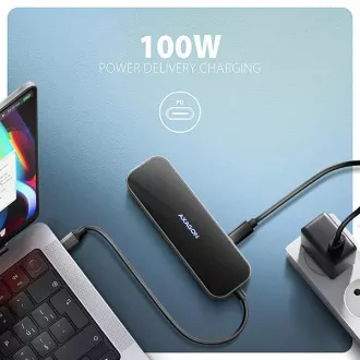 AXAGON HMC-6GLN, USB 5Gbps hub, 2x USB-A, USB-C, HDMI 4k/60Hz, RJ-45 GLAN, PD 100W, USB-C kábel 20cm