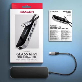 AXAGON HMC-6GLN, USB 5Gbps hub, 2x USB-A, USB-C, HDMI 4k/60Hz, RJ-45 GLAN, PD 100W, USB-C kábel 20cm