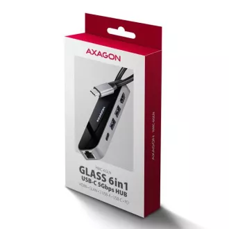 AXAGON HMC-6GLN, USB 5Gbps hub, 2x USB-A, USB-C, HDMI 4k/60Hz, RJ-45 GLAN, PD 100W, USB-C kábel 20cm
