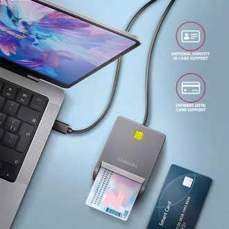 AXAGON CRE-SM3TC, USB-C FlatReader érintőkártya olvasó Smart kártya (eCard), kábel 1,2m