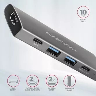 AXAGON HMC-5G21, USB 10Gb/s hub, 2x USB-A, 2x USB-C, HDMI 4k/30, PD 60W, USB-C kábel 13cm