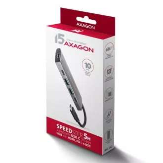 AXAGON HMC-5G21, USB 10Gb/s hub, 2x USB-A, 2x USB-C, HDMI 4k/30, PD 60W, USB-C kábel 13cm