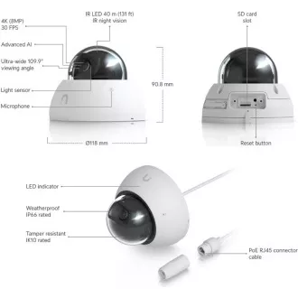 UBNT UVC-AI-Dome-W - AI Dome PoE kamera, 8MP, fehér színben