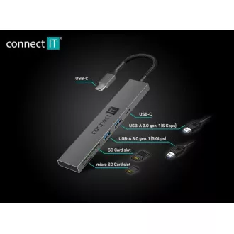 CONNECT IT USB-C hub, 2x USB-A, 1x USB-C, 1x SD kártya, 1x MicroSD kártya, szürke színű