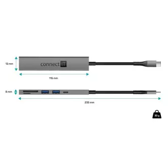 CONNECT IT USB-C hub, 2x USB-A, 1x USB-C, 1x SD kártya, 1x MicroSD kártya, szürke színű