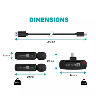 CONNECT IT Microphone ClipMic, 2x vezeték nélküli Lavalier mikrofon vevővel, USB-C csatlakozóval, fekete színben