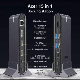 ACER 15in1 USB Type-C univerzális mini dokkoló: Host interfész: USB-C, 2x USB-A 2.0, 1x USB-A 3.2 Gen2, 1x USB-A 3.2 Gen1, 1x USB-A 3.2 Gen1, 1
