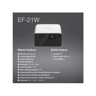 EPSON projektor EF-21W, Full HD, lézer, 5.000.000:1, USB 2.0, HDMI, Miracast, 3, 5 mm-es jack, 5 W-os hangszóró EPSON projektor EF-21W, Full HD, lézer, 5.000.000:1, USB 2.0, HDMI, Miracast, 3, 5 mm-es jack, 5 W-os hangszóró
