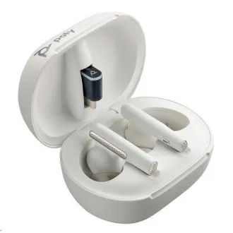 Poly Voyager Free 60  bluetooth headset, BT700 USB-C adapter, érintőképernyős töltőtáska, fehér színben