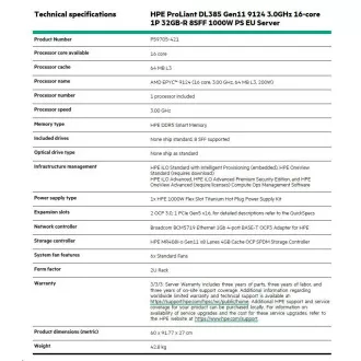 HPE PL DL385g11 AMD Epyc 9124 (3.0G/16C) 1x32G (P50310) MR408i-o/4G 8SFF 1x1000W 4x1Gocp P59705 RENEW