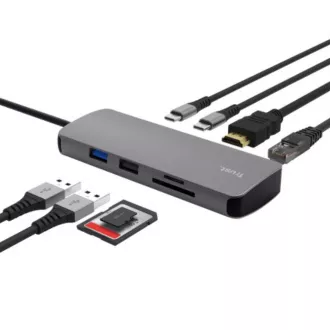 TRUST dokkolóállomás DALYX USB-C, 8in1, HDMI, RJ45, 2xUSB-C, 2xUSB-A, microSD/SD kártya, szürke színben