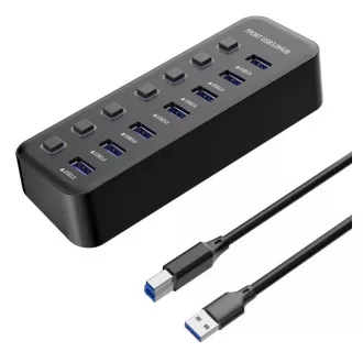 PREMIUMCORD Hub USB 3.2, 7 portos, portváltókkal, 5G SuperSpeed, Fekete