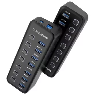 PREMIUMCORD Hub USB 3.2, 7 portos, portváltókkal, 5G SuperSpeed, Fekete