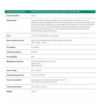 HPE Networking Instant On Switch 8p Gigabit CL4 PoE 65W (ventilátor nélküli) 1830 (JL811A)