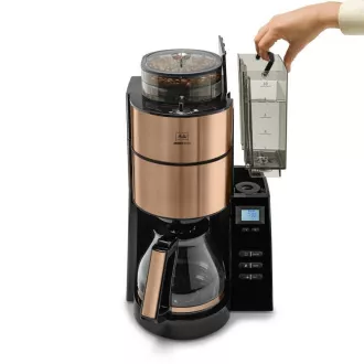 Melitta AromaFresh 1021-04 kávéfőző, őrlővel, csepegtető tálcával, üvegedény, 1180 W, kijelzővel, rézből