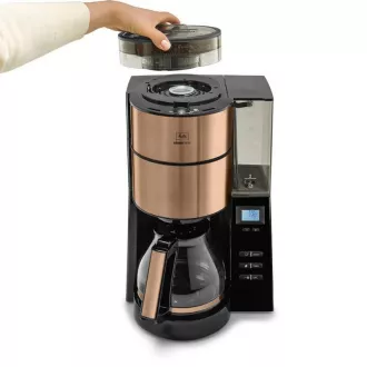 Melitta AromaFresh 1021-04 kávéfőző, őrlővel, csepegtető tálcával, üvegedény, 1180 W, kijelzővel, rézből