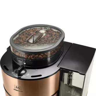 Melitta AromaFresh 1021-04 kávéfőző, őrlővel, csepegtető tálcával, üvegedény, 1180 W, kijelzővel, rézből