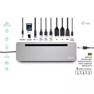 i-tec USB-C fém ergonomikus 4K 3x kijelző dokkolóállomás, PD 100W