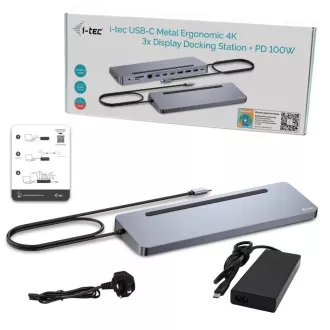 i-tec USB-C fém ergonomikus 4K 3x Display dokkolóállomás, PD 100W   i-tec univerzális töltő 100W (csomag)