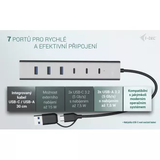 i-tec USB-C/USB-A töltő fém HUB 7 portos (3x USB-C, 4x USB-A)