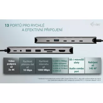 i-tec USB-C Metal Nano 3x Display Dock, 2x HDMI 1x USB-C videó, Power Delivery 140W